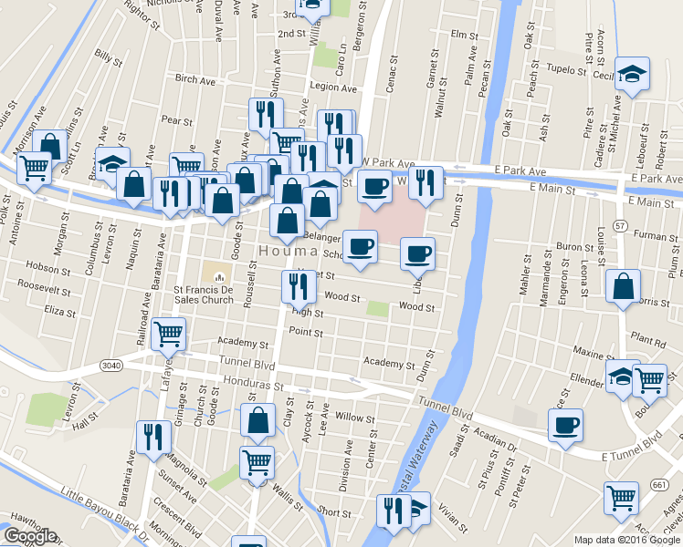 map of restaurants, bars, coffee shops, grocery stores, and more near 831 Verret Street in Houma