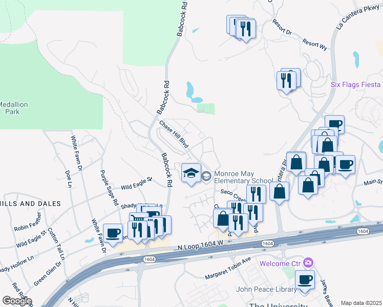 map of restaurants, bars, coffee shops, grocery stores, and more near Chase Hill Boulevard in San Antonio