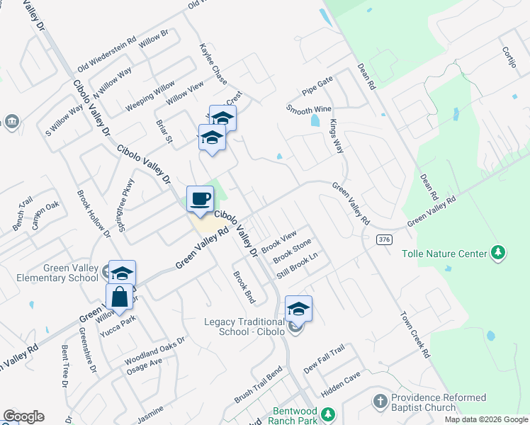 map of restaurants, bars, coffee shops, grocery stores, and more near 144 Running Brook in Cibolo