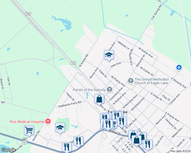map of restaurants, bars, coffee shops, grocery stores, and more near 607 Pendleton Street in Eagle Lake