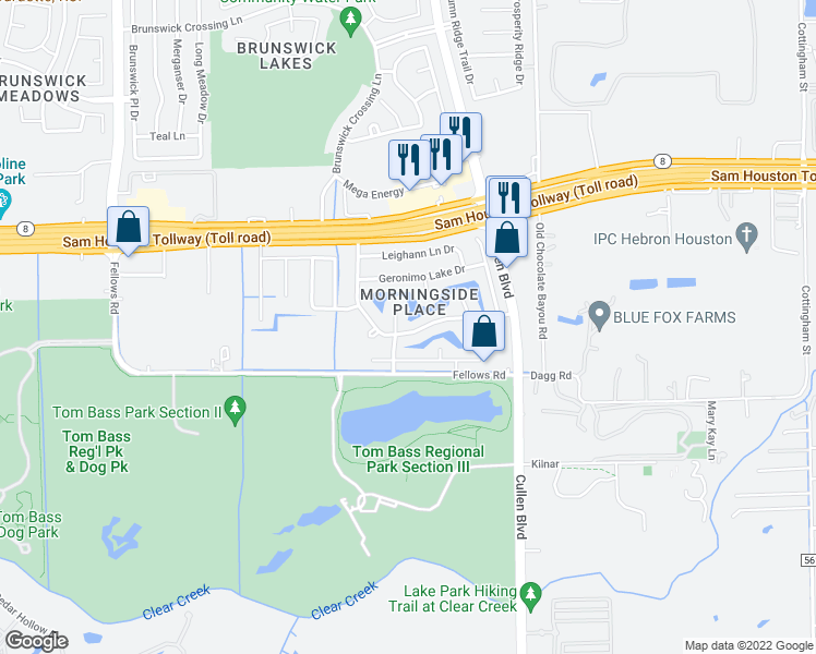 map of restaurants, bars, coffee shops, grocery stores, and more near 4111 President's Drive South in Houston