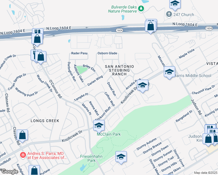 map of restaurants, bars, coffee shops, grocery stores, and more near 15923 Drexel Run in San Antonio