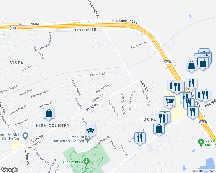 map of restaurants, bars, coffee shops, grocery stores, and more near 6226 Higbee Mill in San Antonio