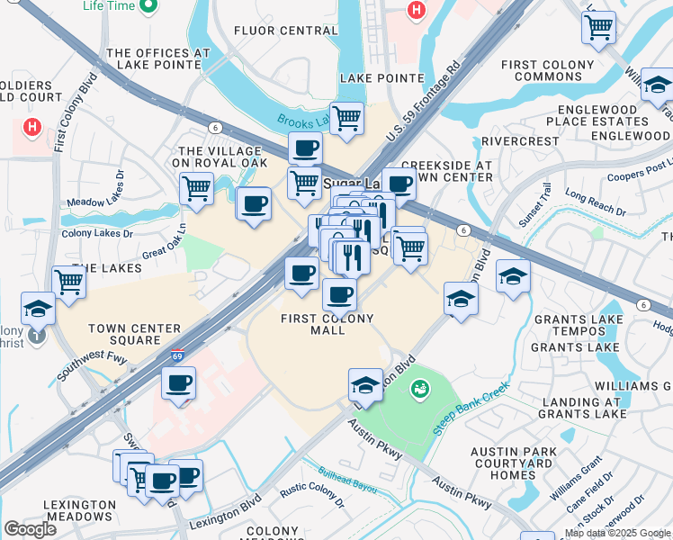 map of restaurants, bars, coffee shops, grocery stores, and more near 2200 Lone Star Drive in Sugar Land