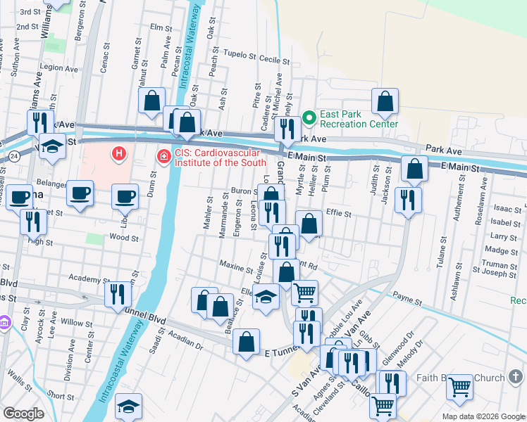 map of restaurants, bars, coffee shops, grocery stores, and more near 300-498 Louise Street in Houma