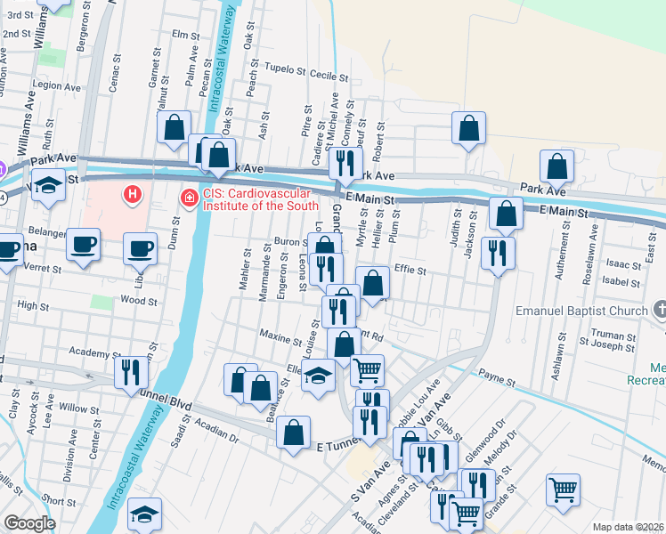 map of restaurants, bars, coffee shops, grocery stores, and more near 279-313 Grand Caillou Road in Houma