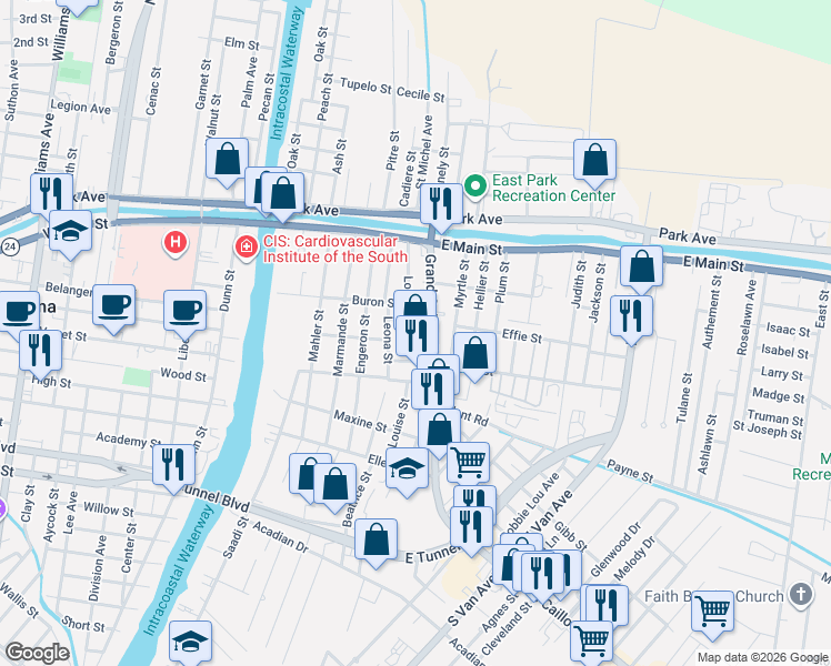 map of restaurants, bars, coffee shops, grocery stores, and more near 300-498 Louise Street in Houma