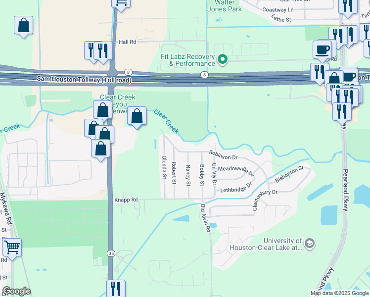 map of restaurants, bars, coffee shops, grocery stores, and more near 3517 Robinson Drive in Pearland