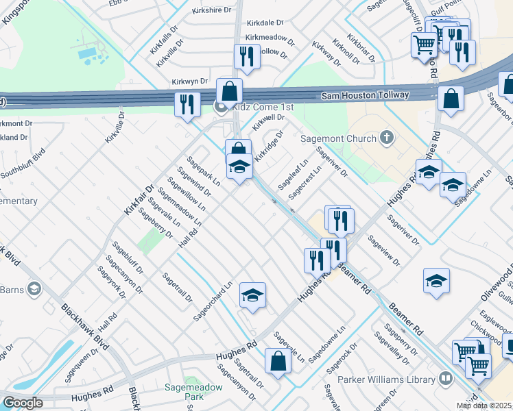 map of restaurants, bars, coffee shops, grocery stores, and more near 10811 Sageleaf Lane in Houston