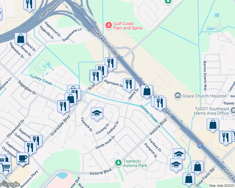 map of restaurants, bars, coffee shops, grocery stores, and more near 11810 Algonquin Drive in Houston
