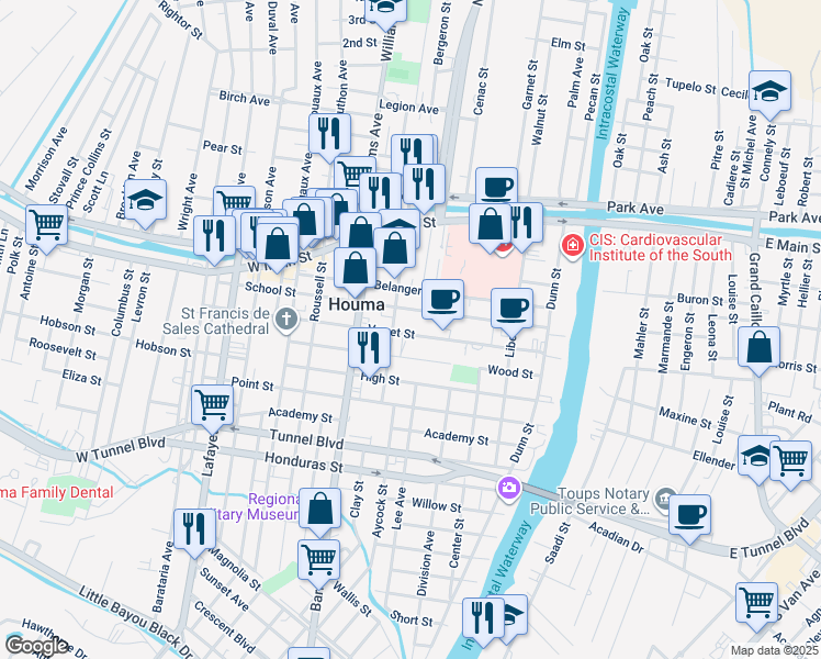 map of restaurants, bars, coffee shops, grocery stores, and more near 831 Verret Street in Houma
