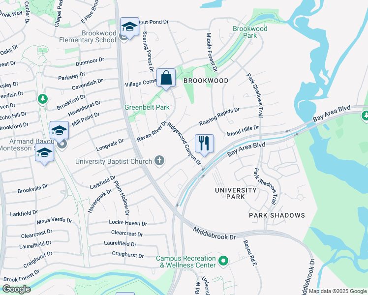 map of restaurants, bars, coffee shops, grocery stores, and more near 4002 Rustling Woods Court in Houston