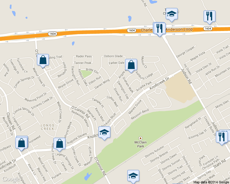 map of restaurants, bars, coffee shops, grocery stores, and more near 15923 Drexel Run in San Antonio