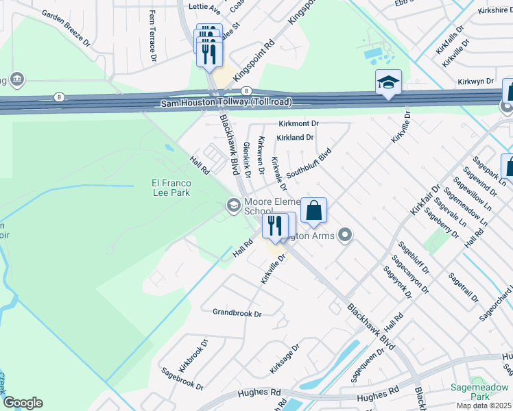 map of restaurants, bars, coffee shops, grocery stores, and more near 10210 Glenkirk Drive in Houston