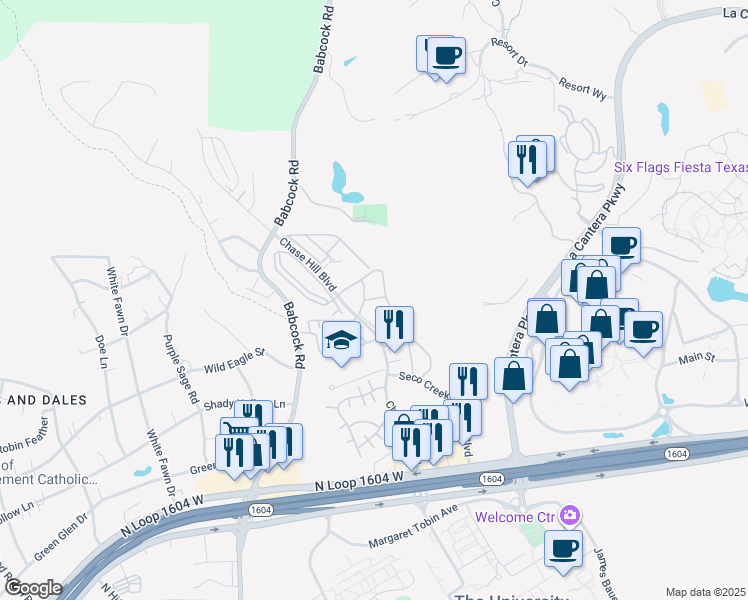 map of restaurants, bars, coffee shops, grocery stores, and more near 15800 Chase Hill Boulevard in San Antonio