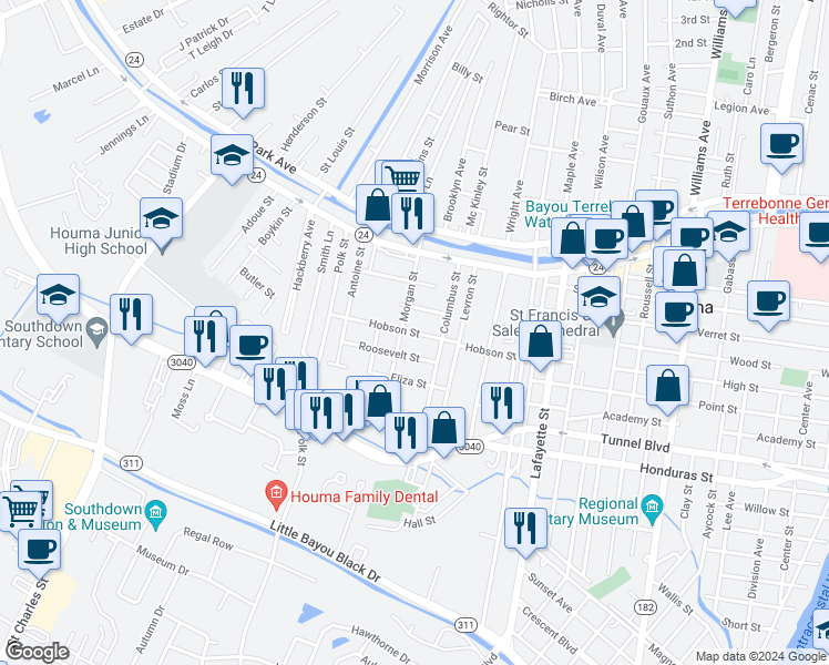 map of restaurants, bars, coffee shops, grocery stores, and more near 501 Hobson Street in Houma