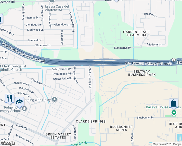 map of restaurants, bars, coffee shops, grocery stores, and more near 15707 Clarke Springs Drive in Houston