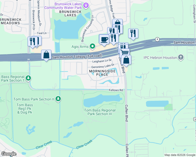 map of restaurants, bars, coffee shops, grocery stores, and more near 4111 President's Drive South in Houston