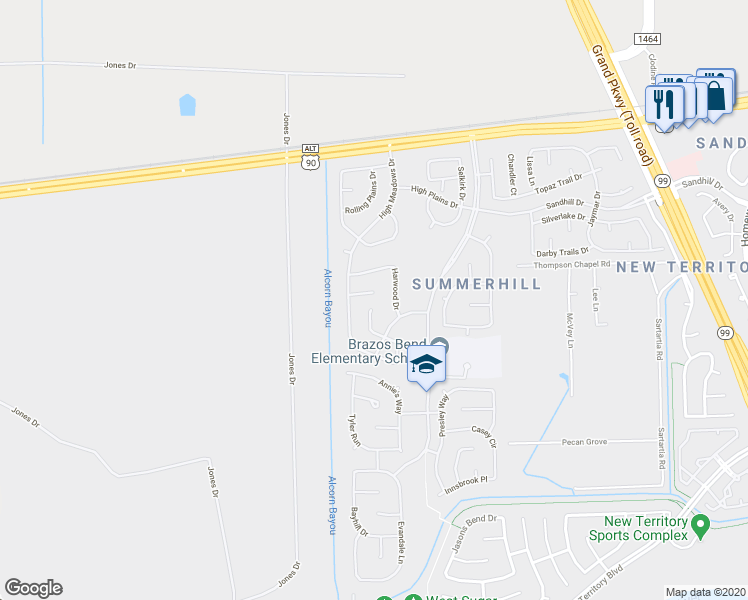 map of restaurants, bars, coffee shops, grocery stores, and more near 4111 Laurette Court in Sugar Land