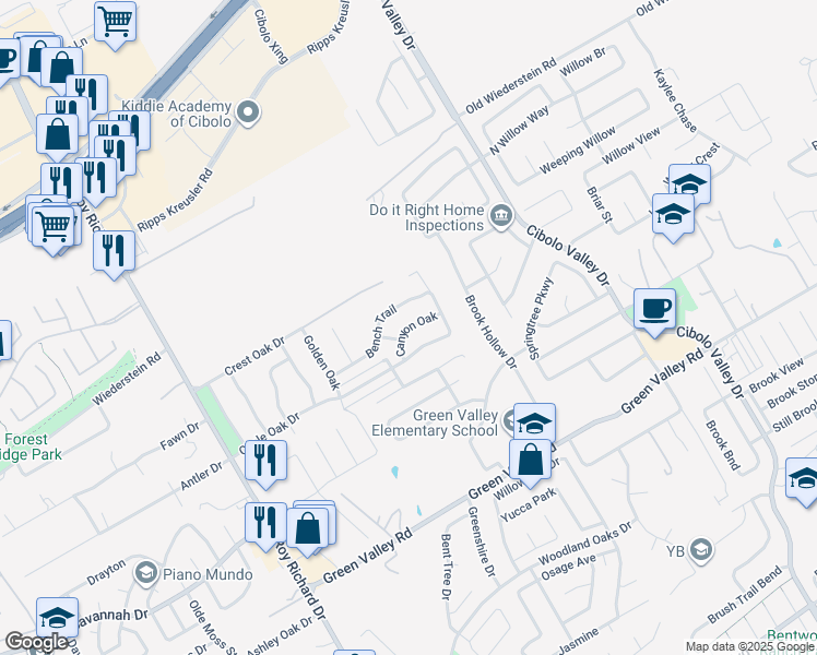 map of restaurants, bars, coffee shops, grocery stores, and more near 1621 Canyon Oak in Schertz