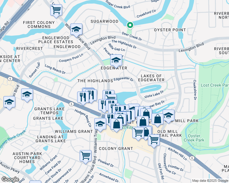 map of restaurants, bars, coffee shops, grocery stores, and more near 2225 Williams Trace Boulevard in Sugar Land