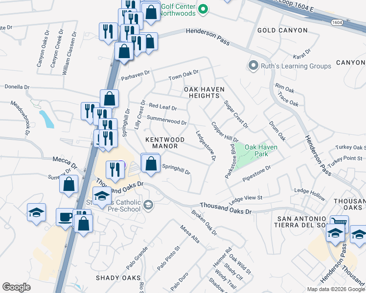 map of restaurants, bars, coffee shops, grocery stores, and more near 1810 Poppy Peak Street in San Antonio