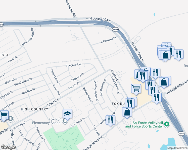 map of restaurants, bars, coffee shops, grocery stores, and more near 6338 Donely Place in San Antonio
