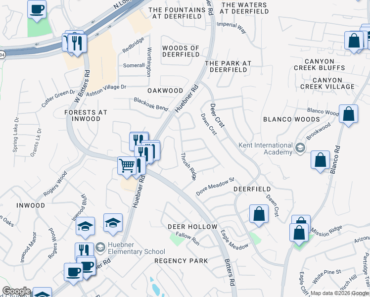 map of restaurants, bars, coffee shops, grocery stores, and more near 1626 Wood Quail Street in San Antonio