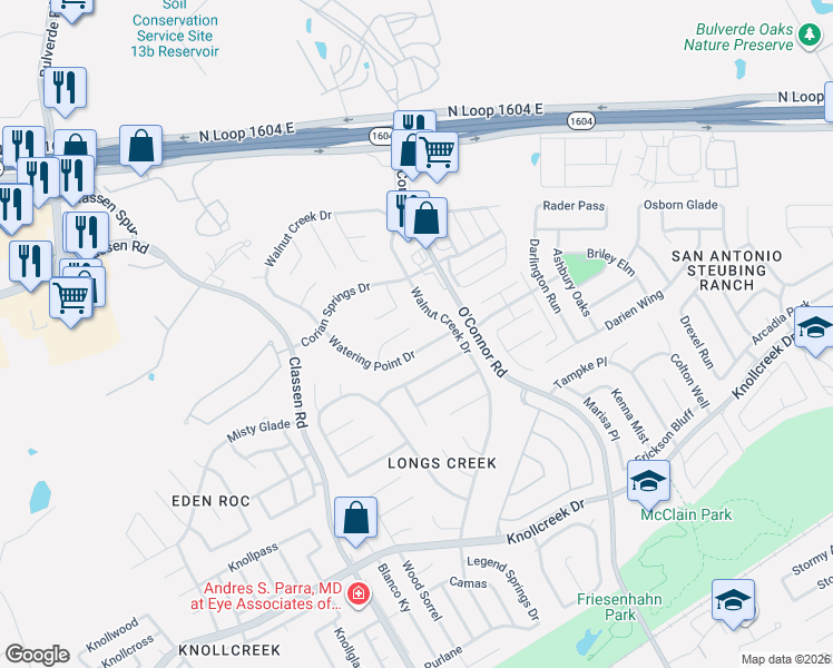 map of restaurants, bars, coffee shops, grocery stores, and more near 4838 Sunlit Well Drive in San Antonio