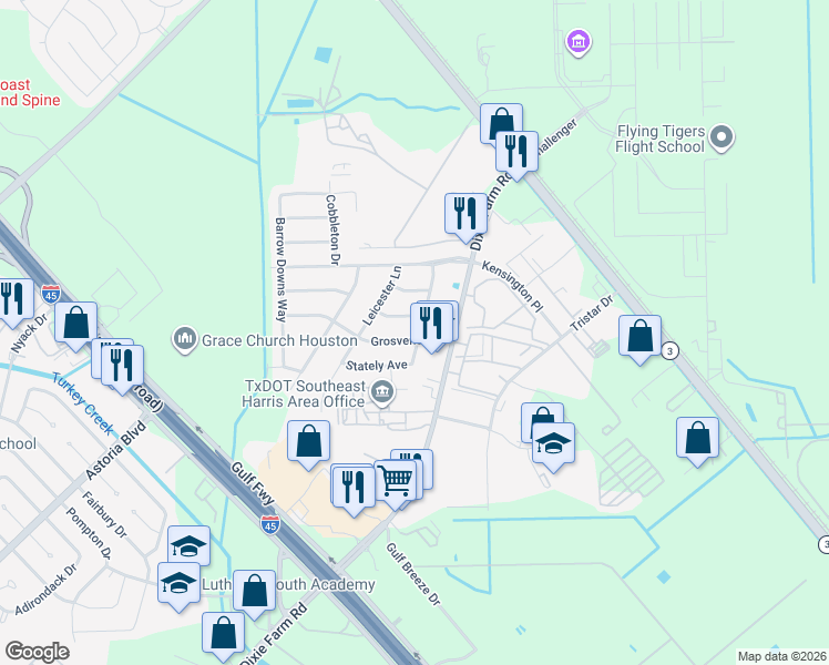 map of restaurants, bars, coffee shops, grocery stores, and more near 13923 Grosvenor Street in Houston