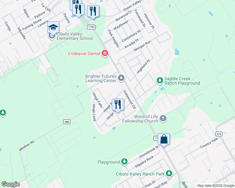 map of restaurants, bars, coffee shops, grocery stores, and more near 120 Hinge Path in Cibolo