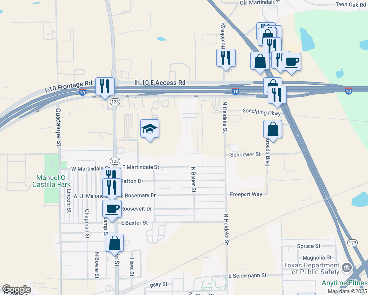 map of restaurants, bars, coffee shops, grocery stores, and more near 2412 Marty Way in Seguin