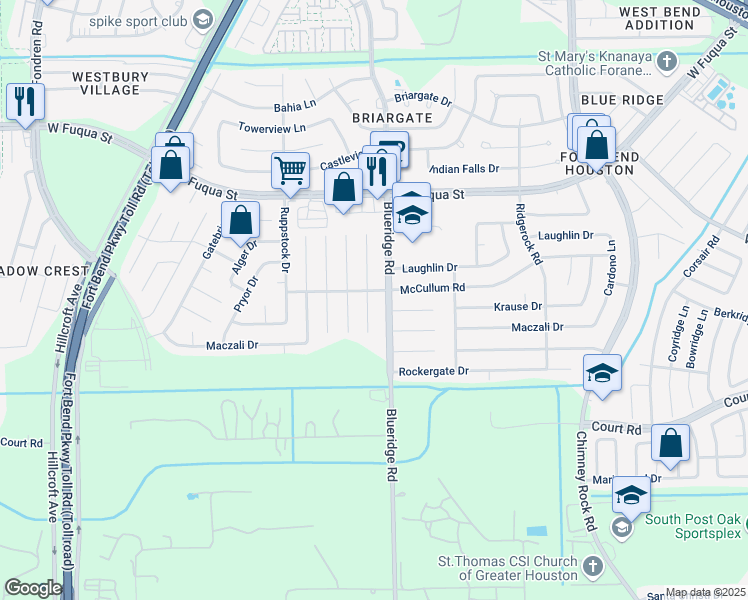 map of restaurants, bars, coffee shops, grocery stores, and more near 15907 Willmore Lane in Missouri City