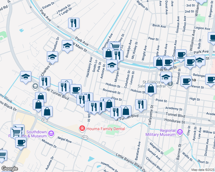 map of restaurants, bars, coffee shops, grocery stores, and more near 615 Hobson Street in Houma