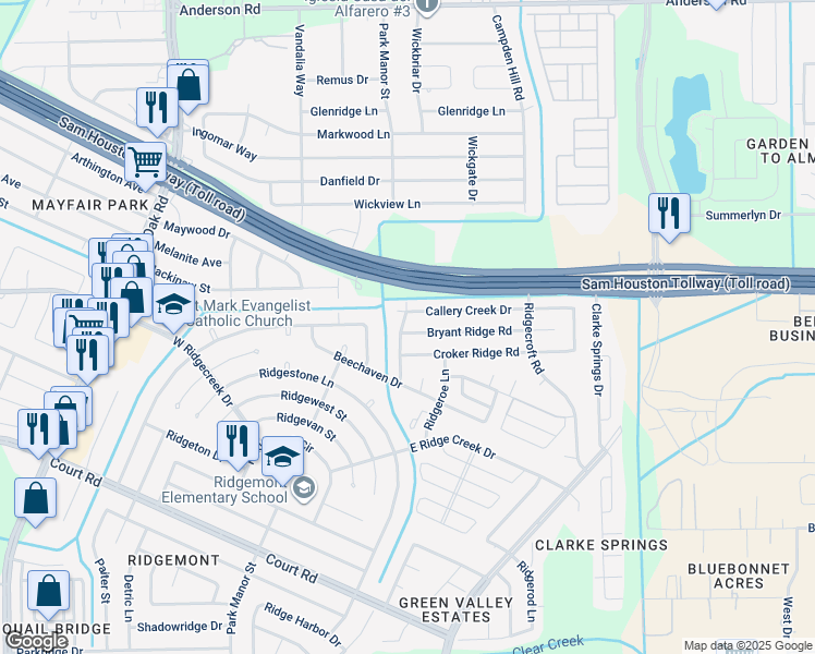 map of restaurants, bars, coffee shops, grocery stores, and more near 4942 Bryant Ridge Rd in Houston