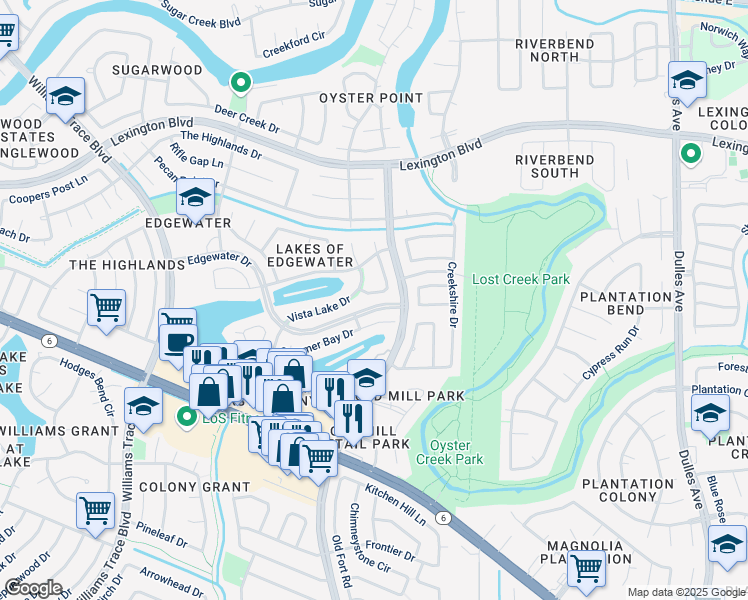 map of restaurants, bars, coffee shops, grocery stores, and more near 3410 Watersedge Drive in Sugar Land