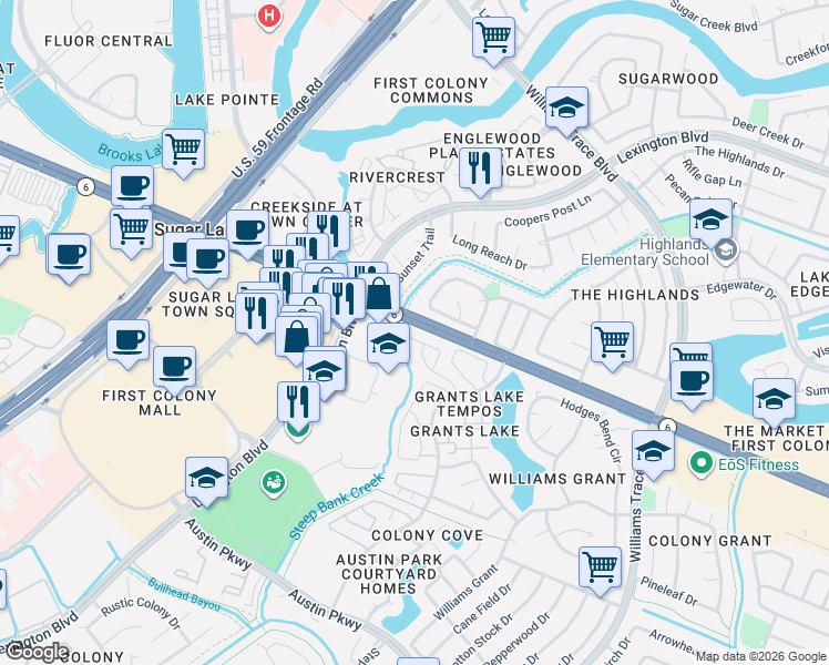 map of restaurants, bars, coffee shops, grocery stores, and more near 54 Grants Lake Circle in Sugar Land