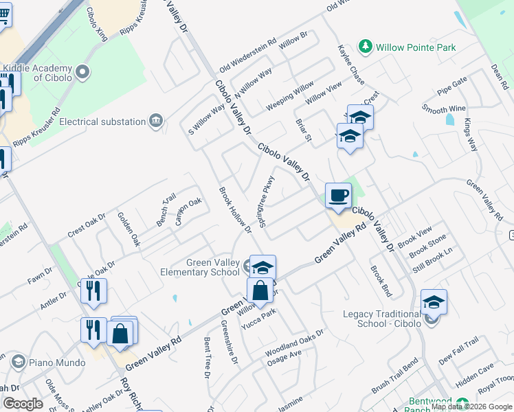 map of restaurants, bars, coffee shops, grocery stores, and more near 153 Springtree Parkway in Cibolo