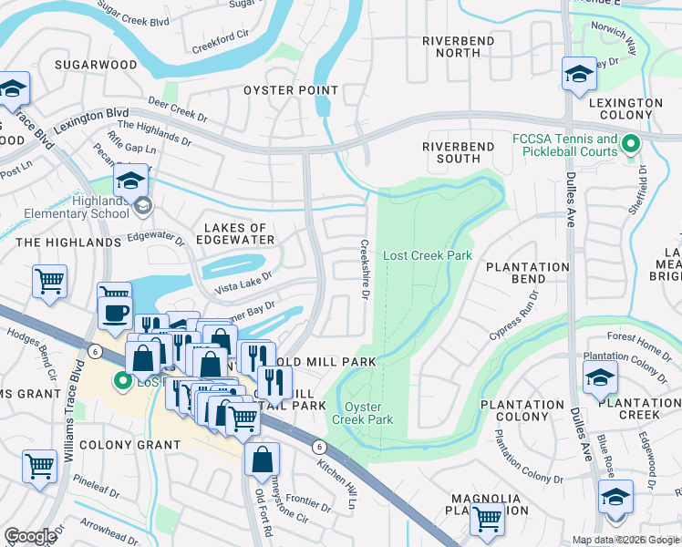 map of restaurants, bars, coffee shops, grocery stores, and more near 3411 Greenwood Drive in Sugar Land