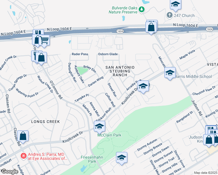 map of restaurants, bars, coffee shops, grocery stores, and more near 15923 Drexel Run in San Antonio