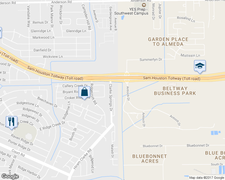 map of restaurants, bars, coffee shops, grocery stores, and more near 15738 Clarke Springs Drive in Houston