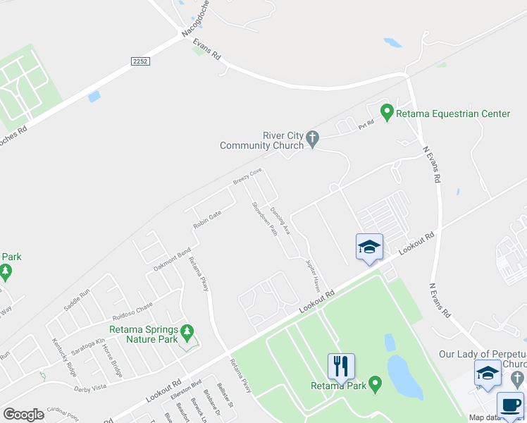 map of restaurants, bars, coffee shops, grocery stores, and more near 16845 Showdown Path in Selma