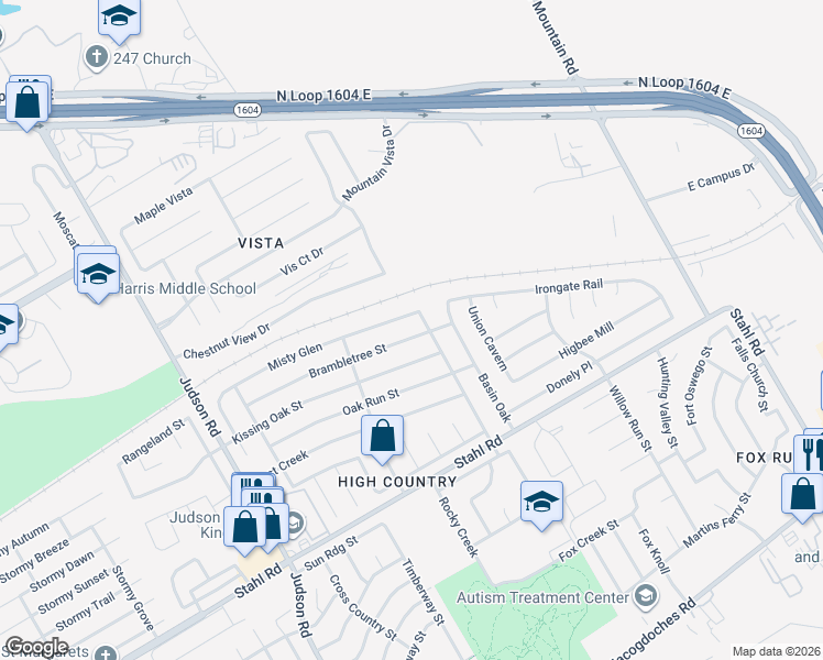 map of restaurants, bars, coffee shops, grocery stores, and more near 5947 Brambletree Street in San Antonio
