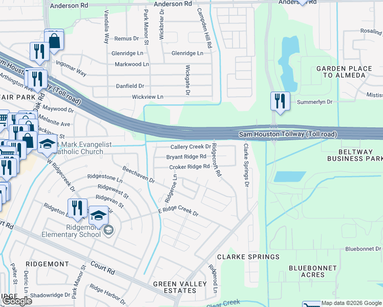 map of restaurants, bars, coffee shops, grocery stores, and more near 4810 Bryant Ridge Road in Houston