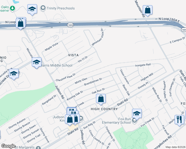 map of restaurants, bars, coffee shops, grocery stores, and more near 5839 Misty Glen in San Antonio