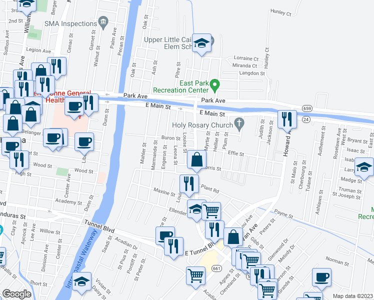 map of restaurants, bars, coffee shops, grocery stores, and more near 403 Louise Street in Houma