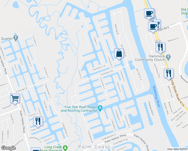 map of restaurants, bars, coffee shops, grocery stores, and more near 95 Cimmaron Drive in Palm Coast
