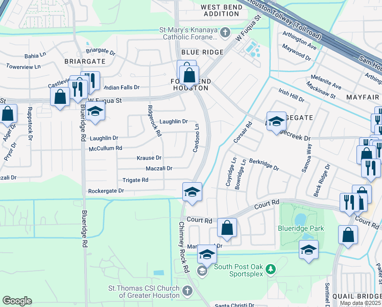map of restaurants, bars, coffee shops, grocery stores, and more near 16806 Plagens Lane in Missouri City