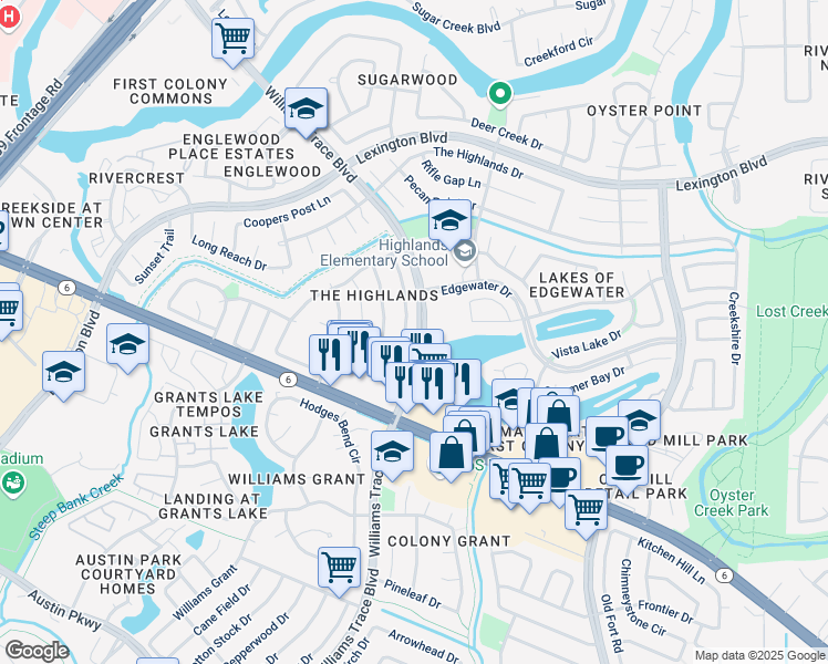 map of restaurants, bars, coffee shops, grocery stores, and more near 2131 Steamboat Run in Sugar Land