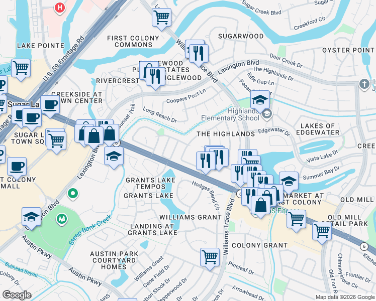 map of restaurants, bars, coffee shops, grocery stores, and more near 2610 Planters Row in Sugar Land